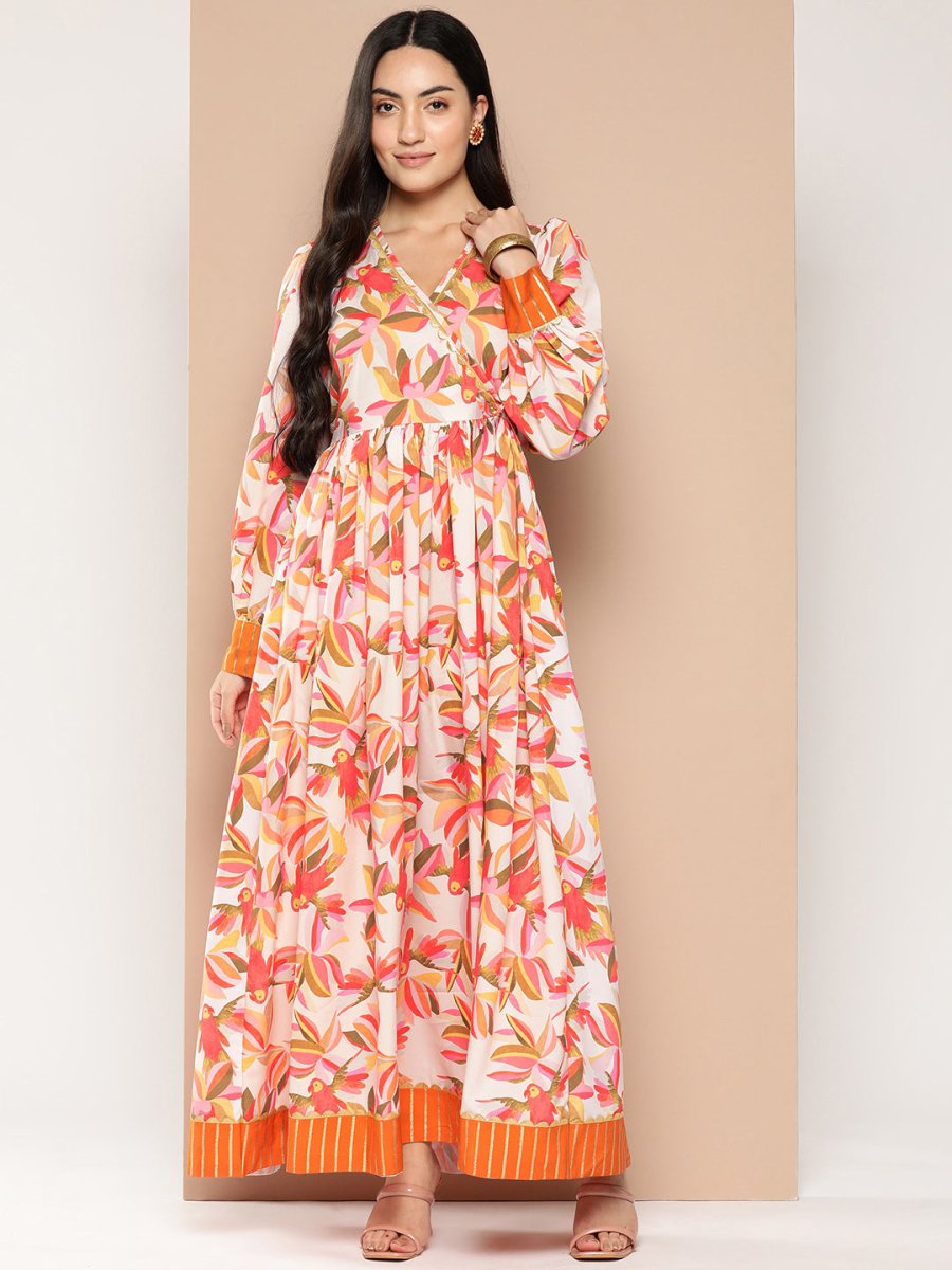 Ahalyaa Floral Printed Tie-Ups Crepe Empire Ethnic Dress - Distacart