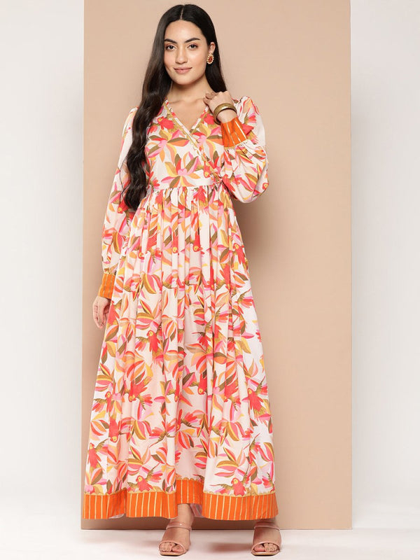 Ahalyaa Floral Printed Tie-Ups Crepe Empire Ethnic Dress - Distacart