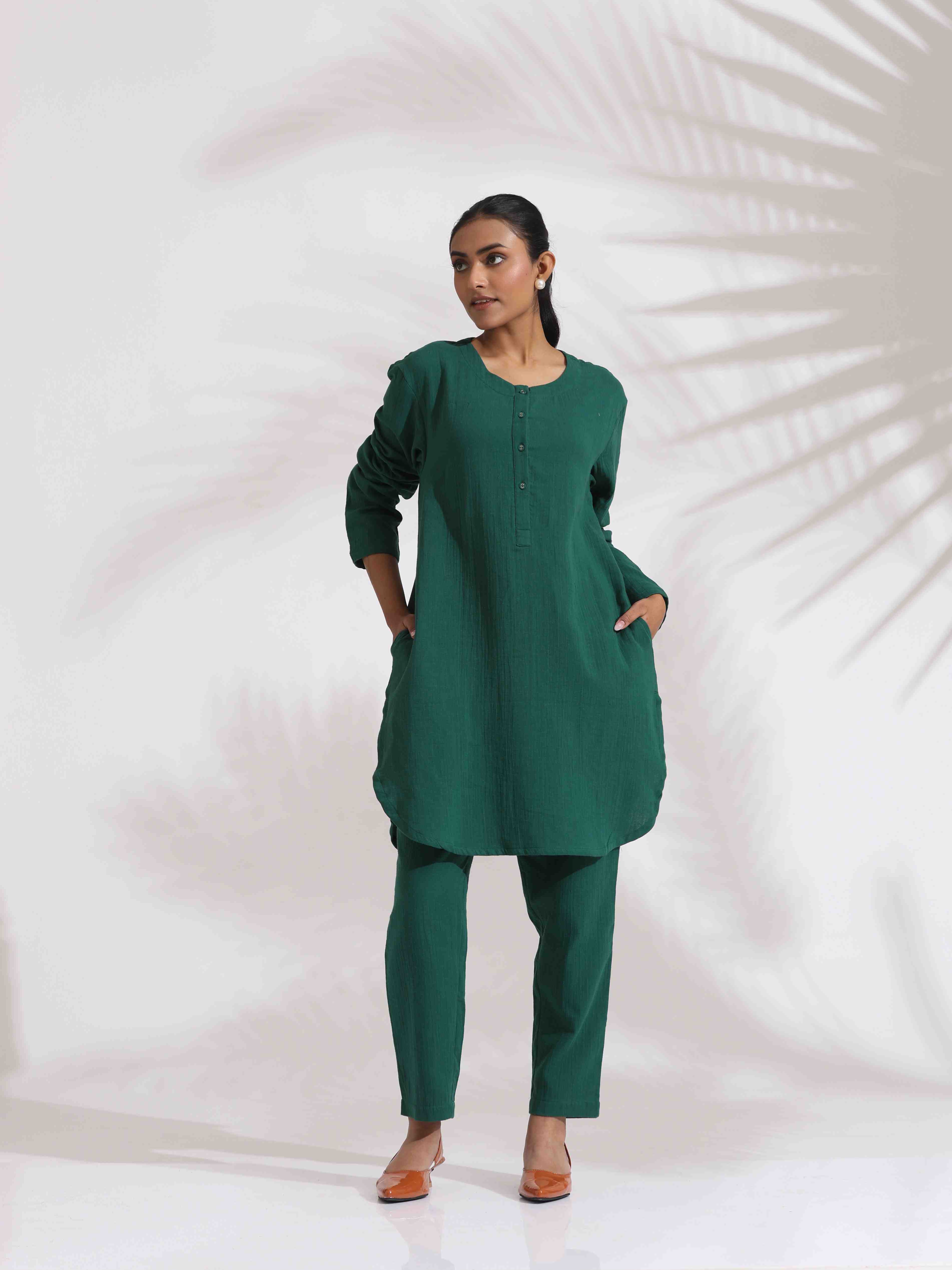 trueBrowns Green Cotton Kurta Co-ord Set - Distacart