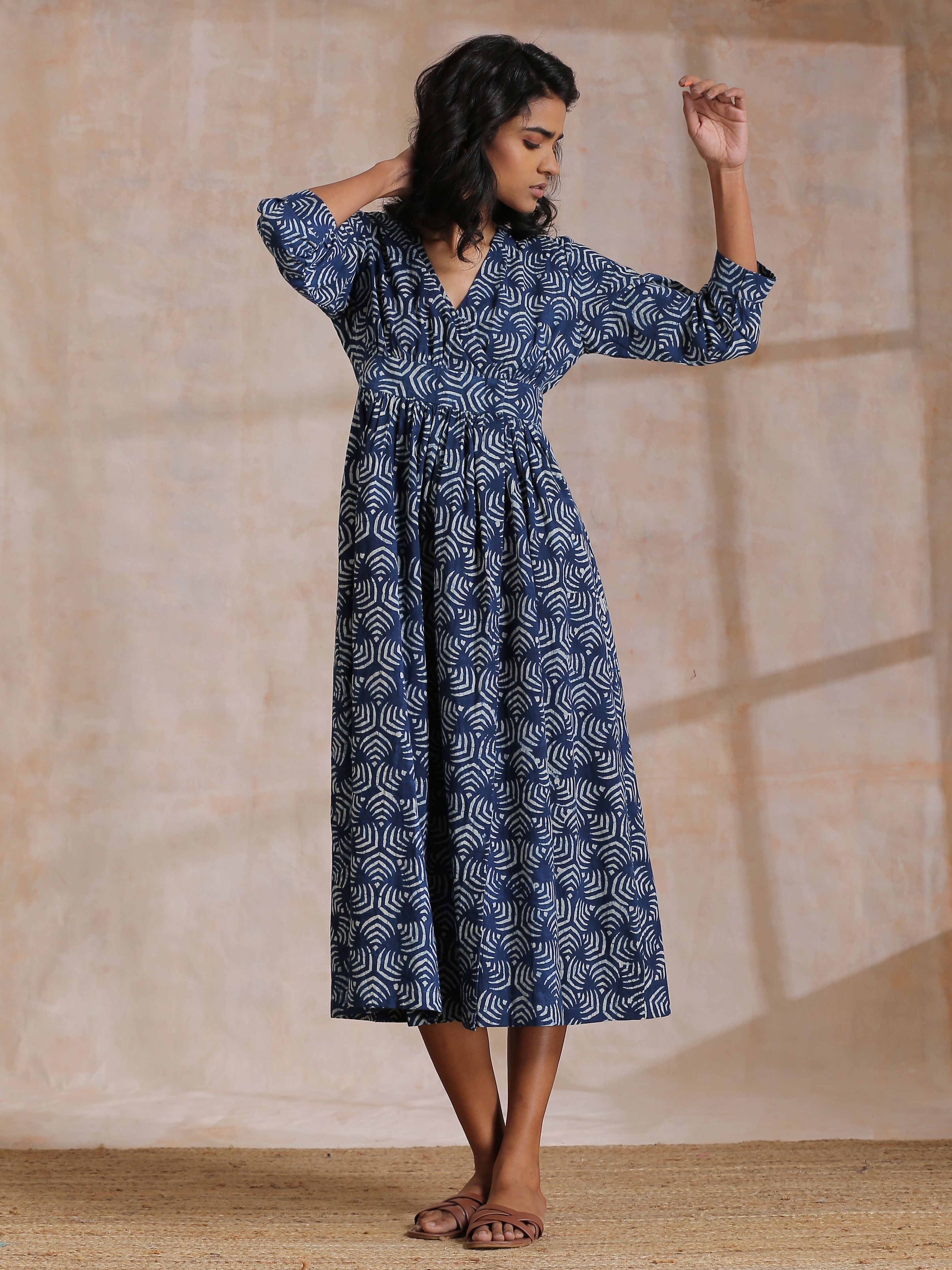 trueBrowns Indigo Dabu Overall Print Cotton Wrap Dress - Distacart