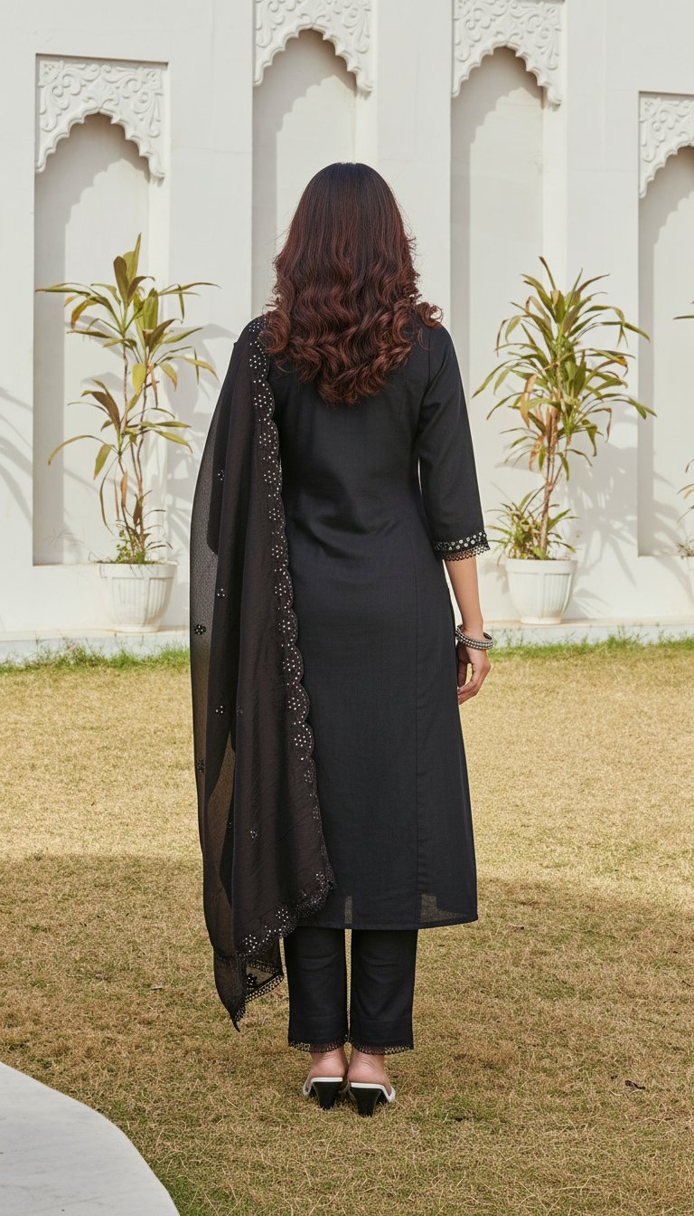 BulBul Maryam Black Cotton Kurta Set with Dupatta