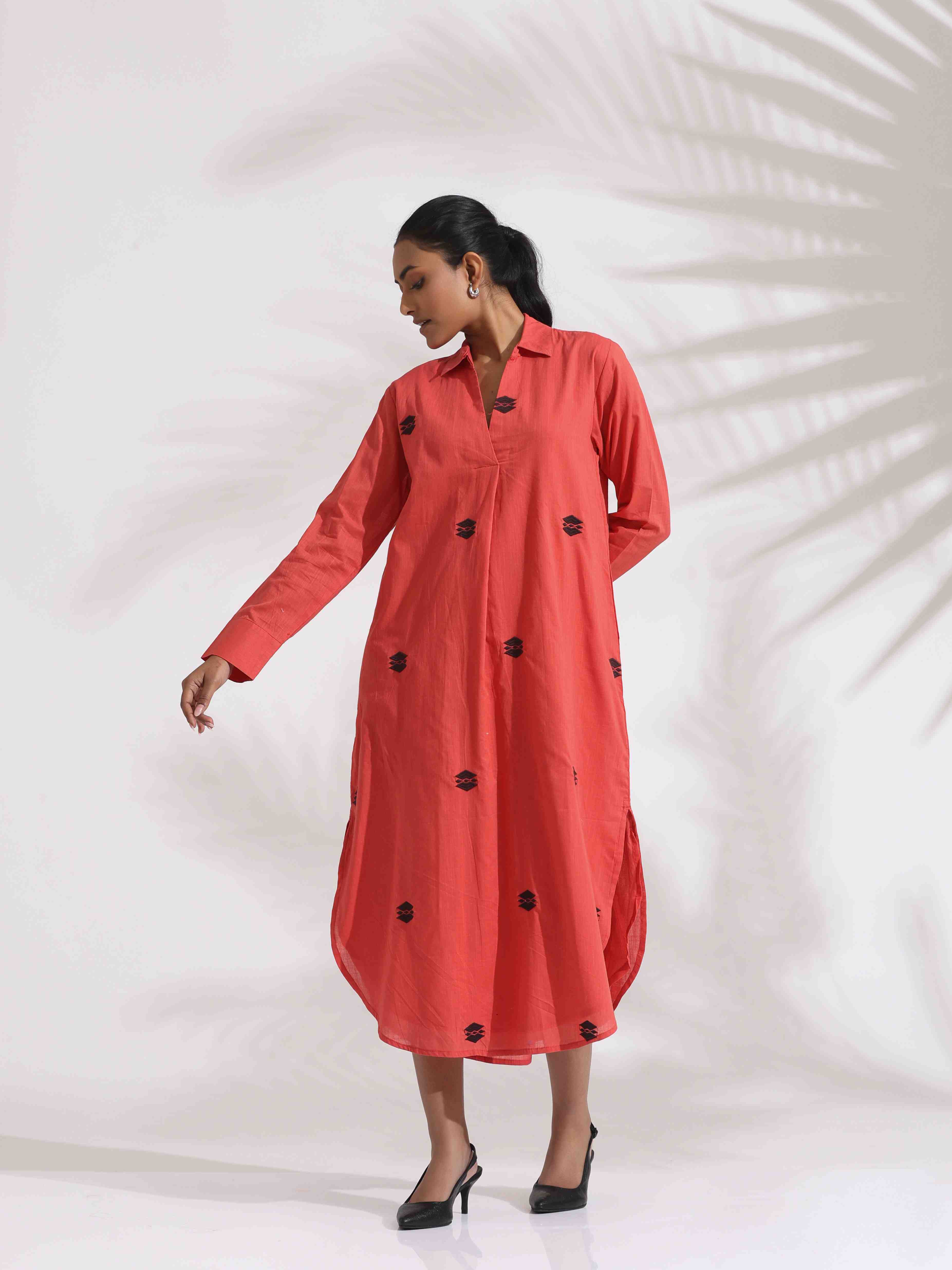 trueBrowns Orange Cotton Embroidered Flared Dress - Distacart