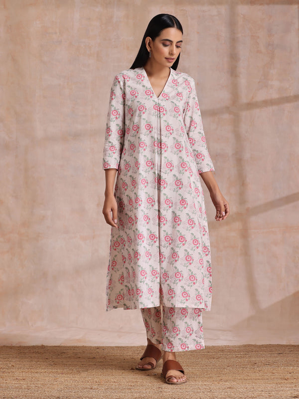 trueBrowns Pink Green Buta On White Block Print Cotton Slit Kurta Pant Set - Distacart