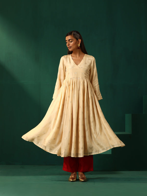 trueBrowns Ivory Geometric Floral Viscose Silk Anarkali Kurta Pant Set - Distacart