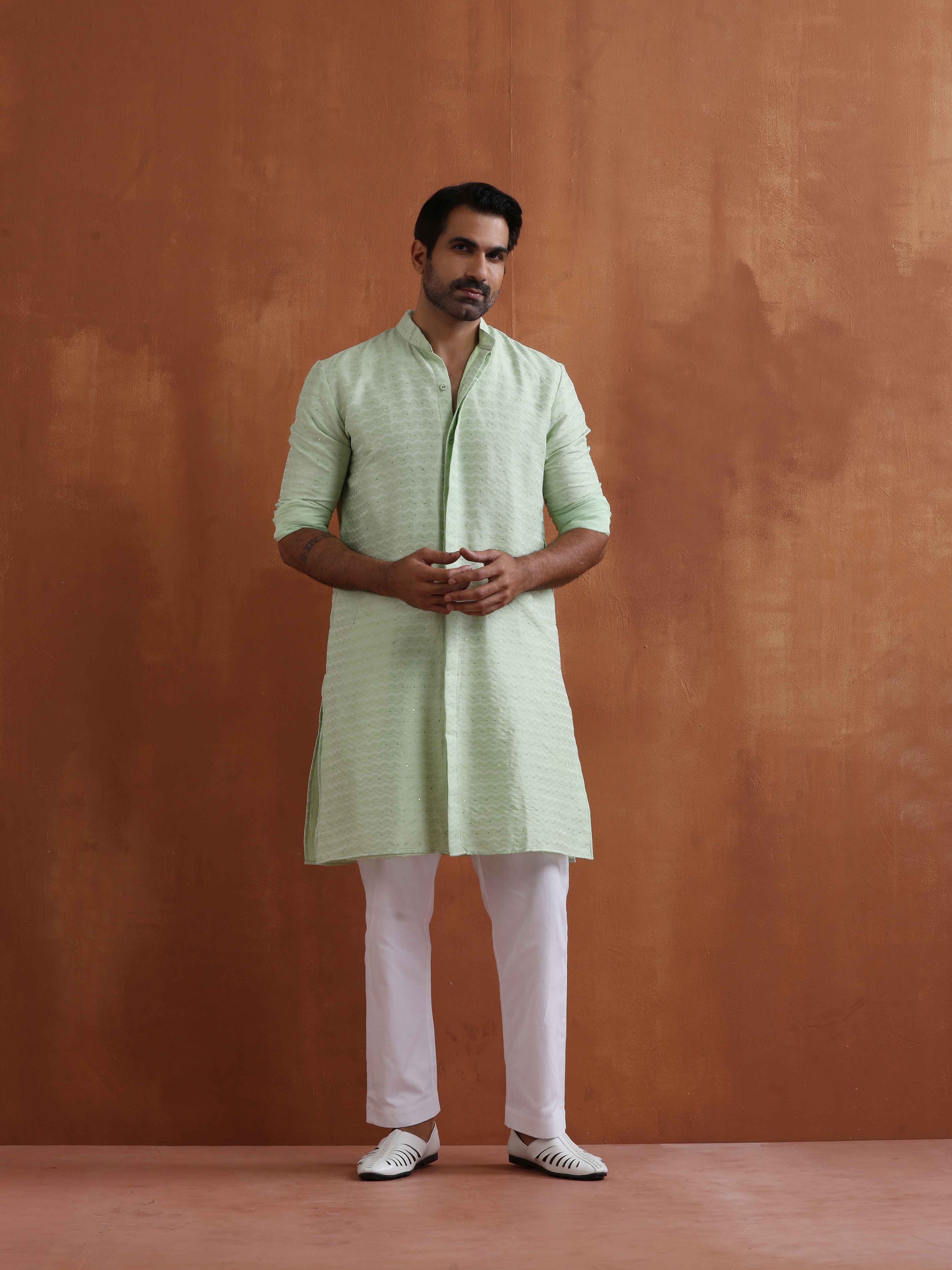 trueBrowns Men's Green Sequin Chanderi Kurta - Distacart