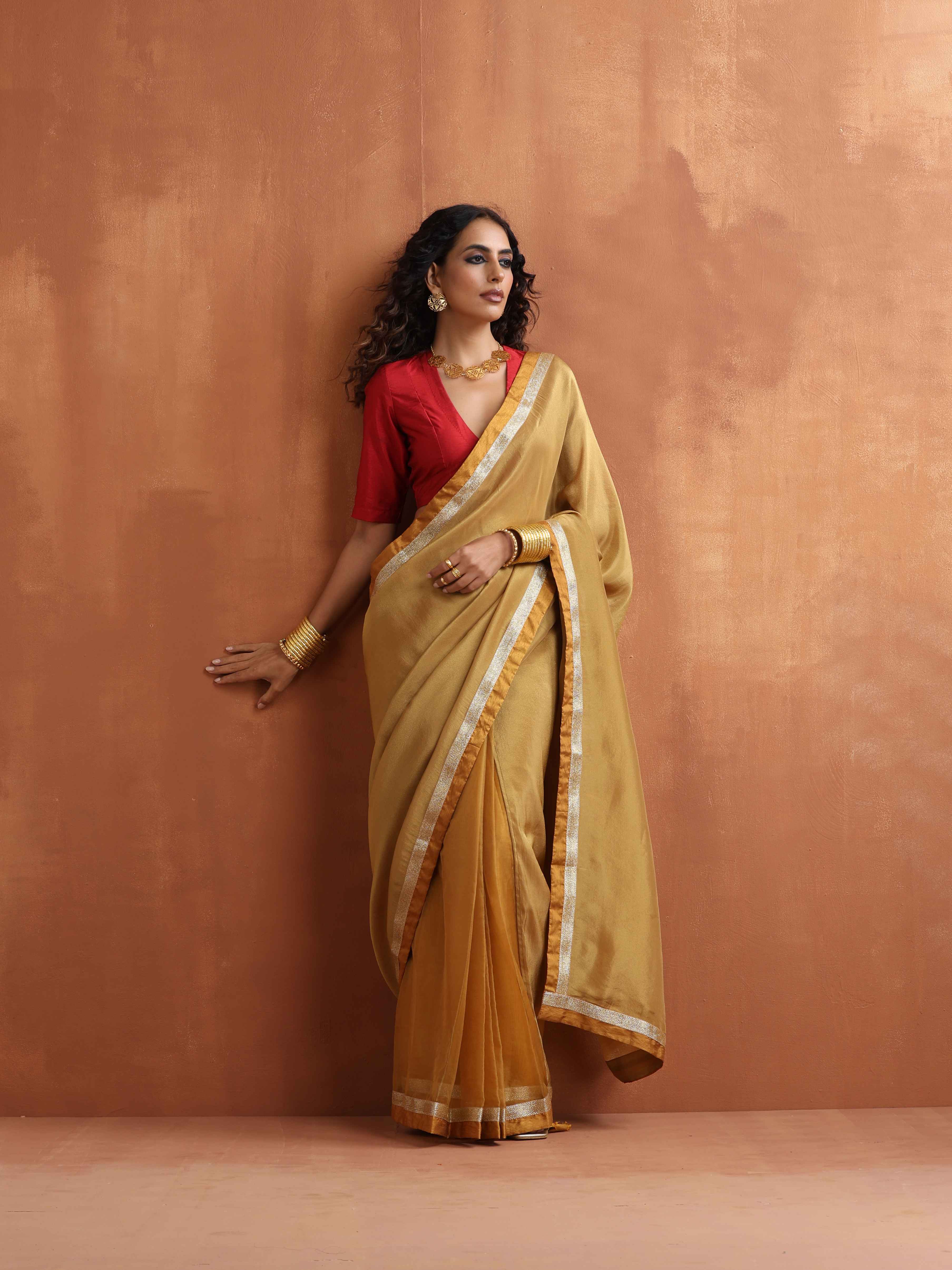trueBrowns Gold Tissue Ready To Wear Saree - Distacart