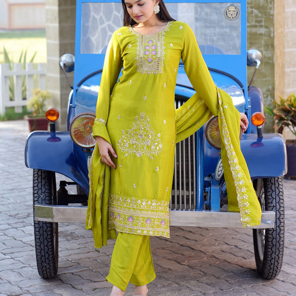 Teeya Creation Olive Color Chinon Silk Heavy Embroidery Work Fully Stitched Salwar Suit - Distacart