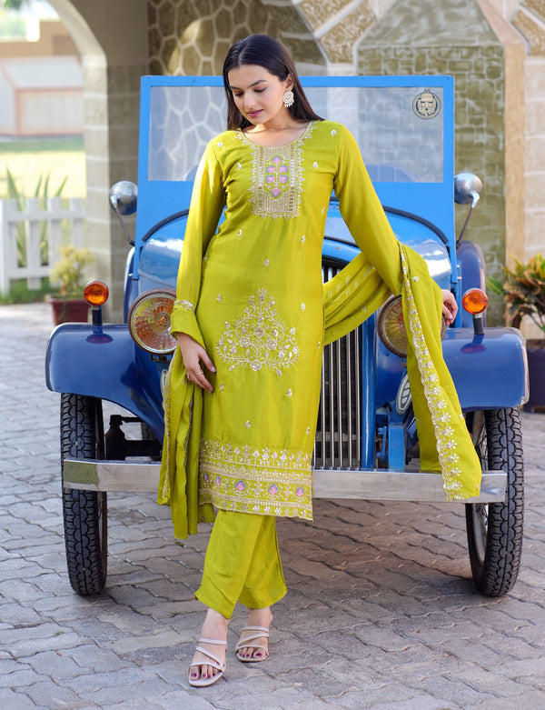 Teeya Creation Olive Color Chinon Silk Heavy Embroidery Work Fully Stitched Salwar Suit - Distacart