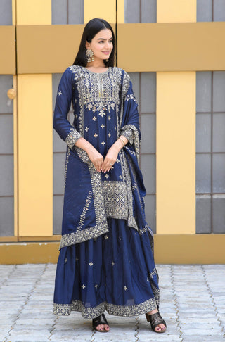Teeya Creation Blue Color Chinon Silk Heavy Embroidery Work Fully Stitched Salwar Suit - Distacart