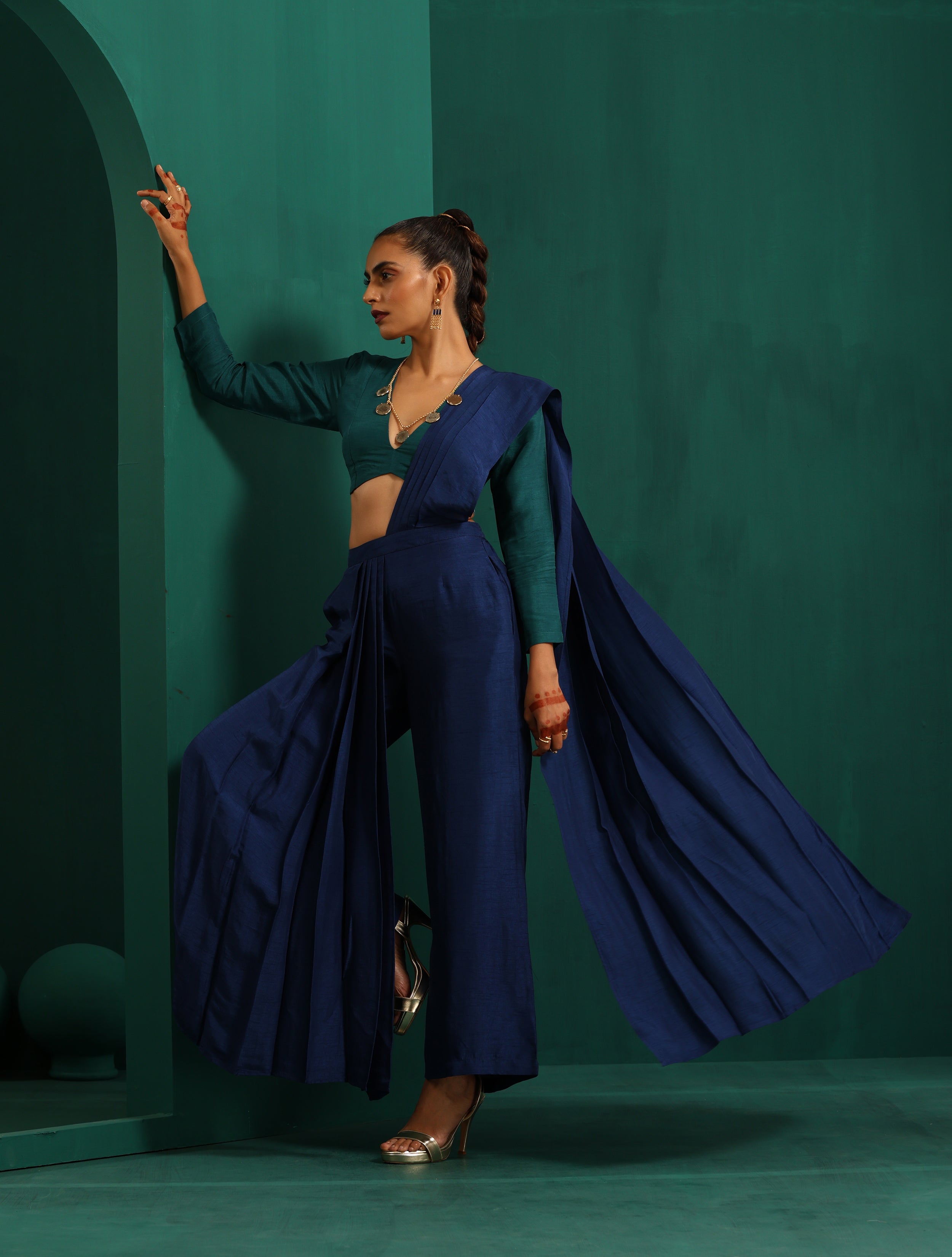 trueBrowns Blue Silk Palazzo Stitched Saree - Distacart