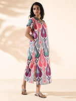 Thumbnail for trueBrowns Green Cotton Ikat Slit Dress - Distacart