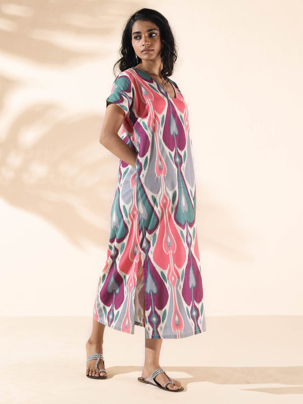 trueBrowns Green Cotton Ikat Slit Dress - Distacart
