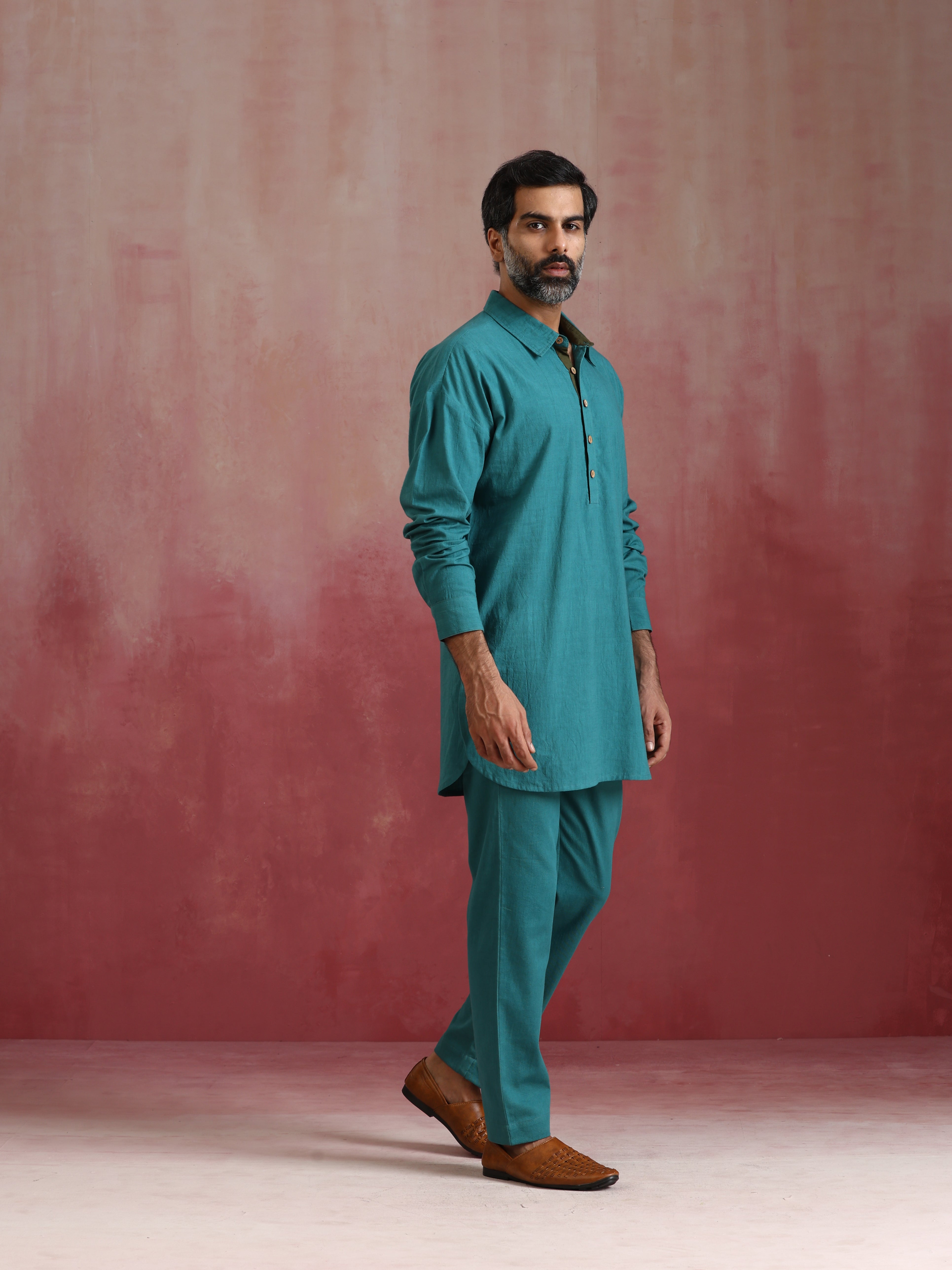 trueBrowns Men's Teal Cotton Shirt Collar Stylized Kurta Co-ord set - Distacart