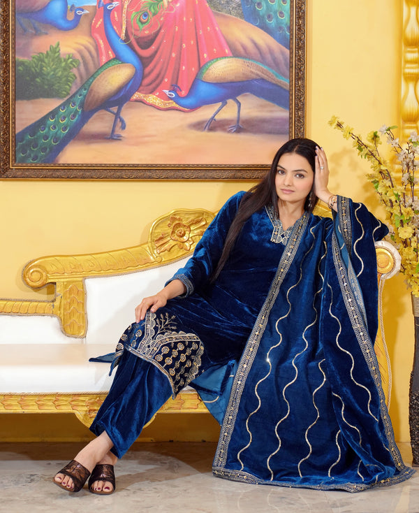 Teeya Creation Blue Color Velvet Heavy Embroidery Work Fully Stitched Salwar Suit - Distacart