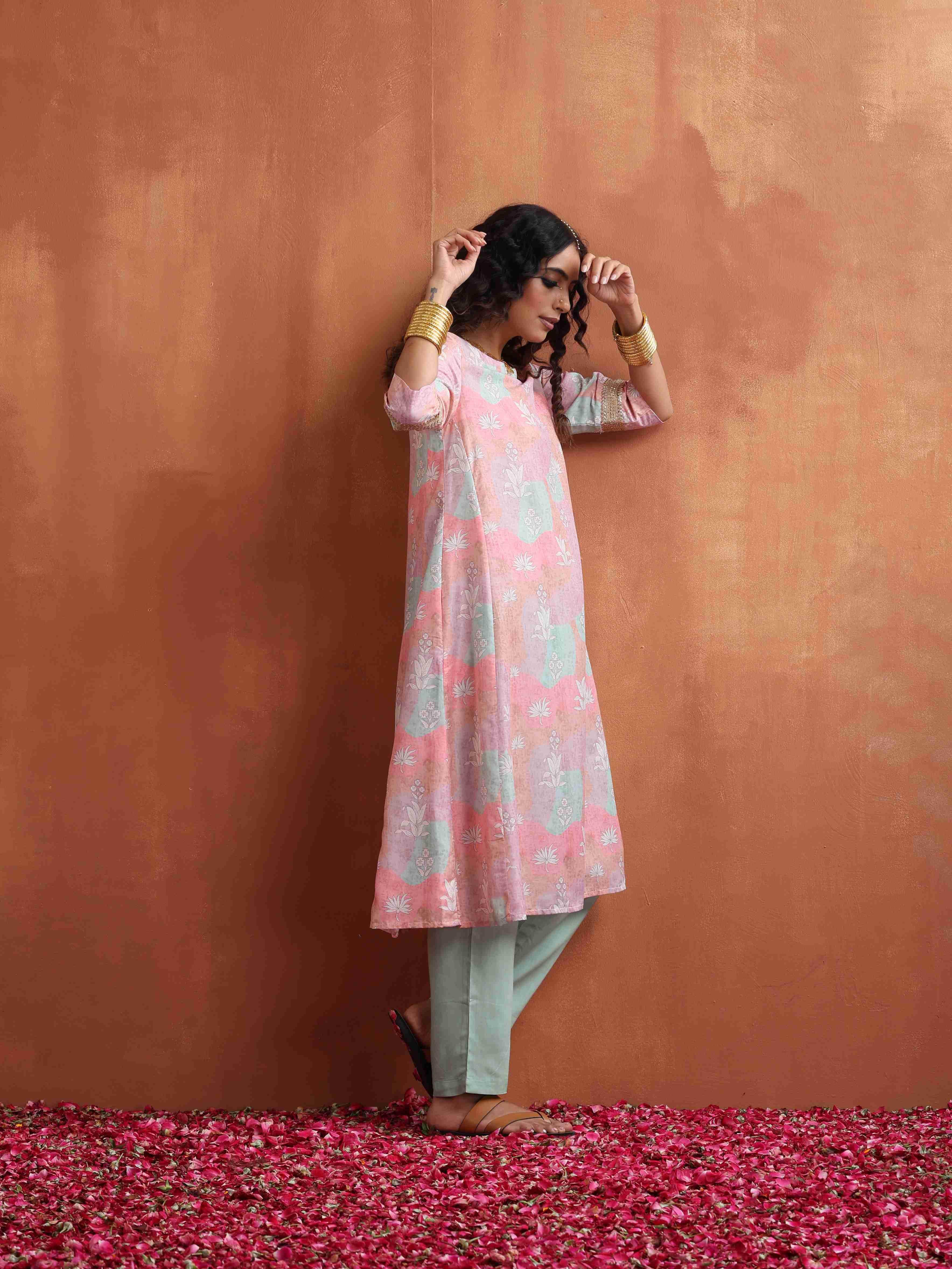 trueBrowns Beige Palm Print A-line Kurta Set - Distacart