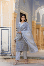 Thumbnail for Varanga Women Grey Embroidered V Neck Kurta With Printed Bottom And Dupatta - Distacart