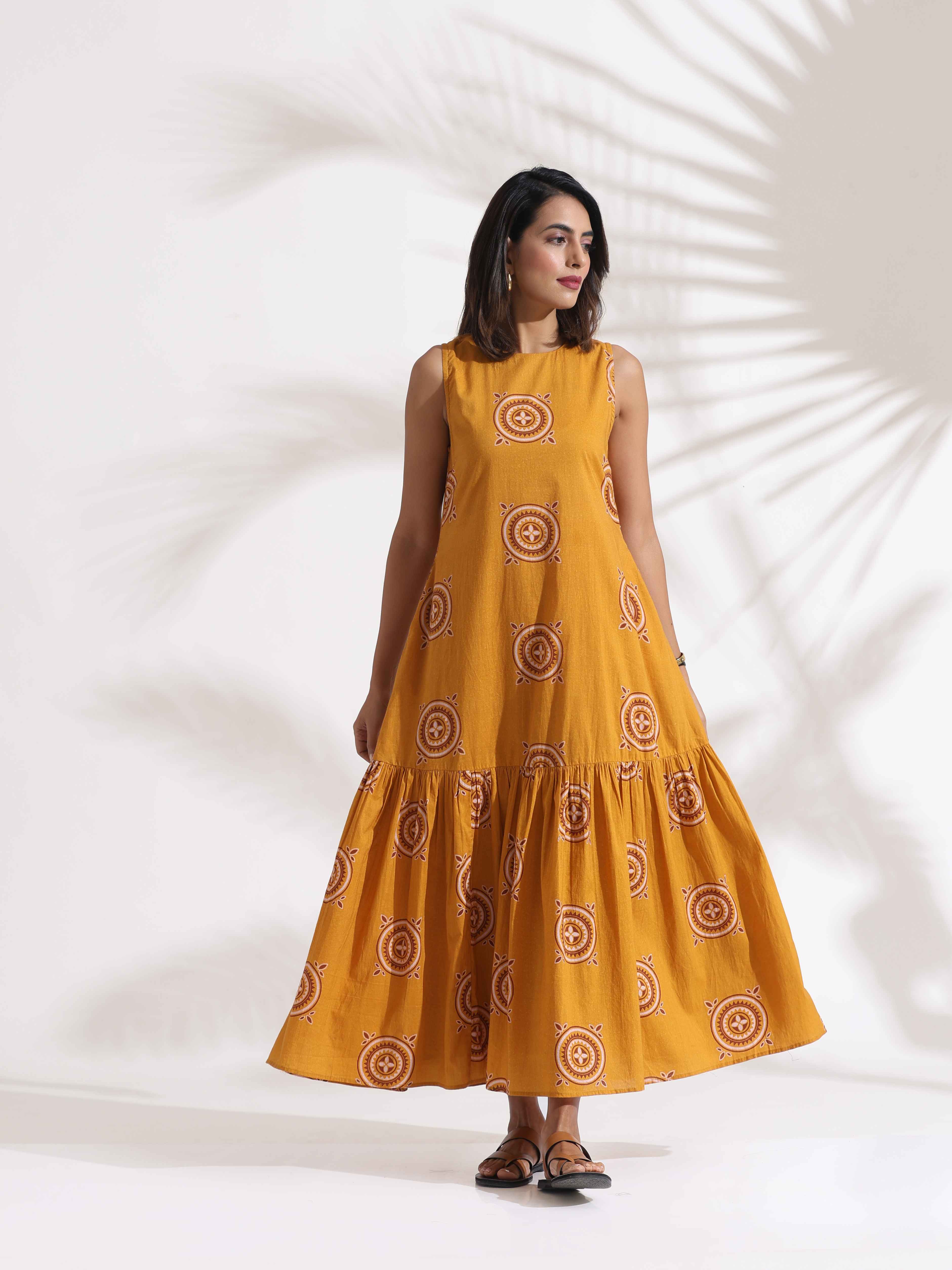 trueBrowns Mustard Cotton Print Tier Dress - Distacart