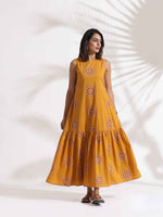 Thumbnail for trueBrowns Mustard Cotton Print Tier Dress