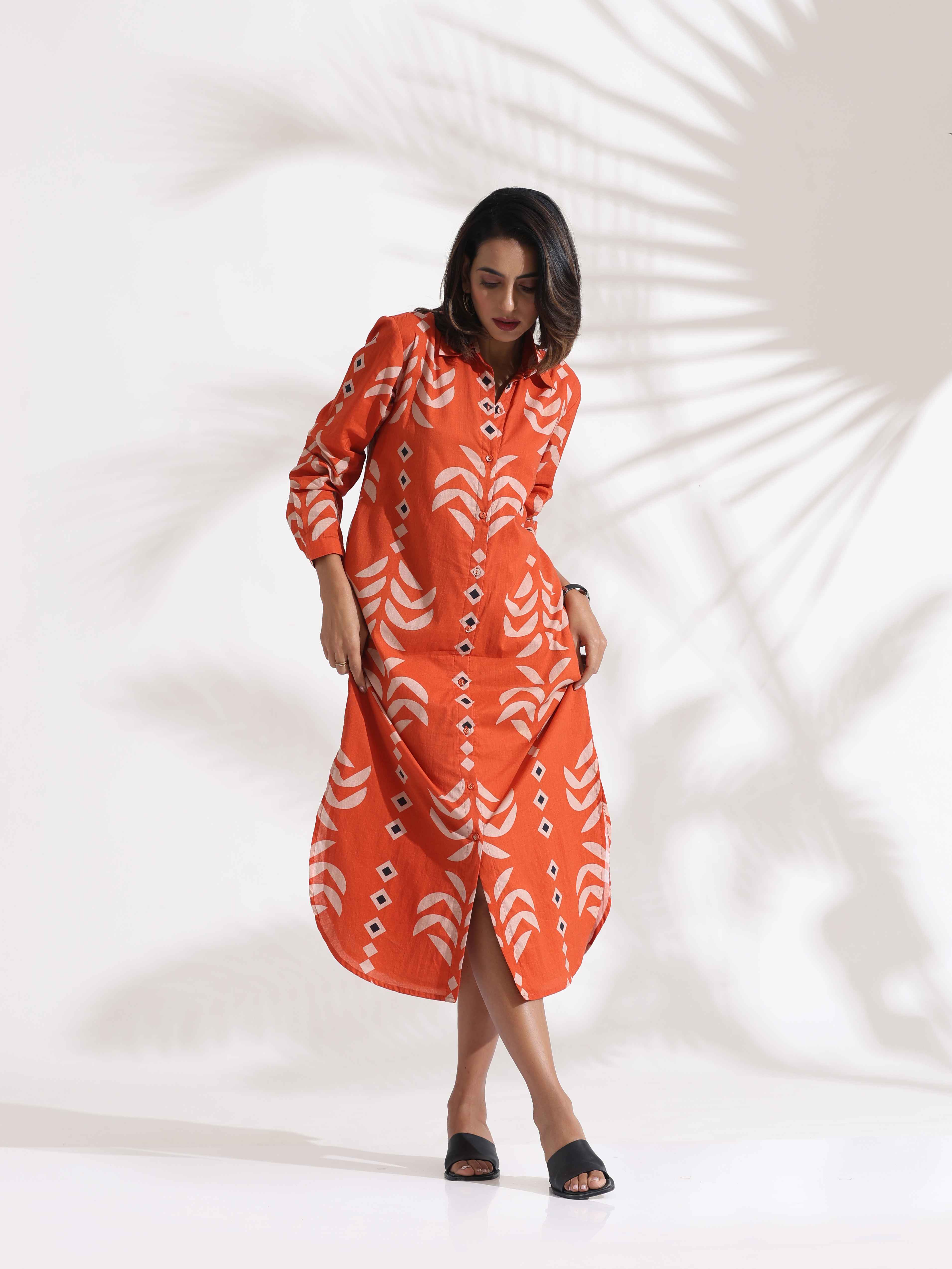 trueBrowns Orange Cotton Print Shirt Dress - Distacart