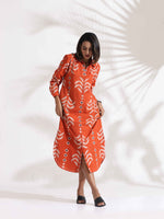 Thumbnail for trueBrowns Orange Cotton Print Shirt Dress