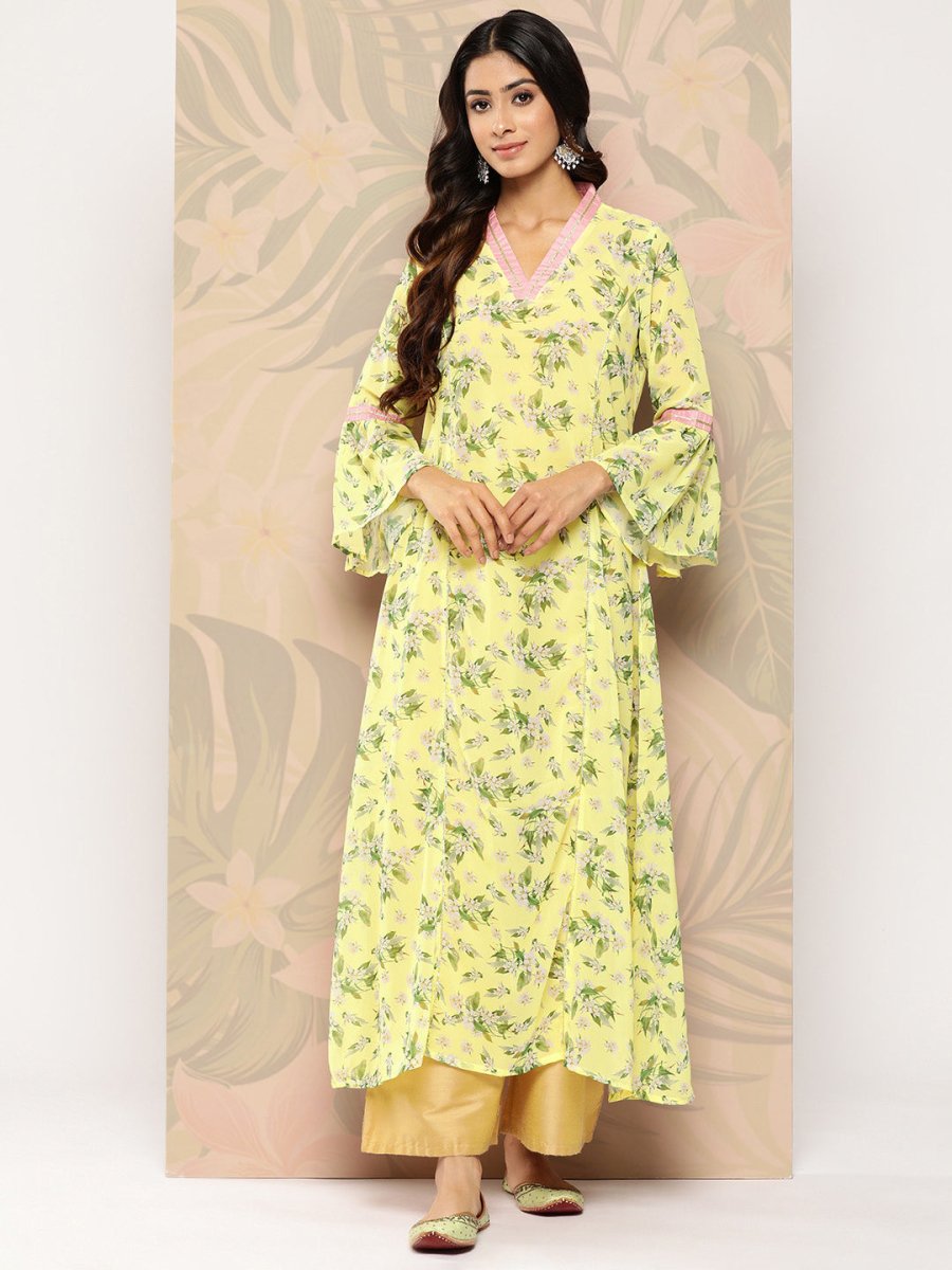 Ahalyaa Floral Printed Bell Sleeves Gotta Patti Georgette Kurta - Distacart