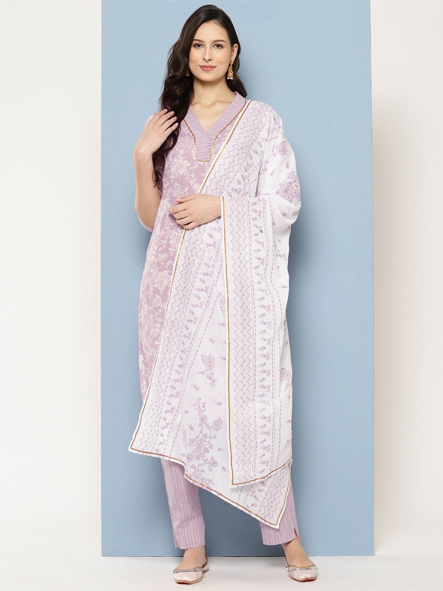 Ahalyaa Women Floral Printed Gotta Patti Pure Cotton Kurta with Trousers & With Dupatta - Distacart