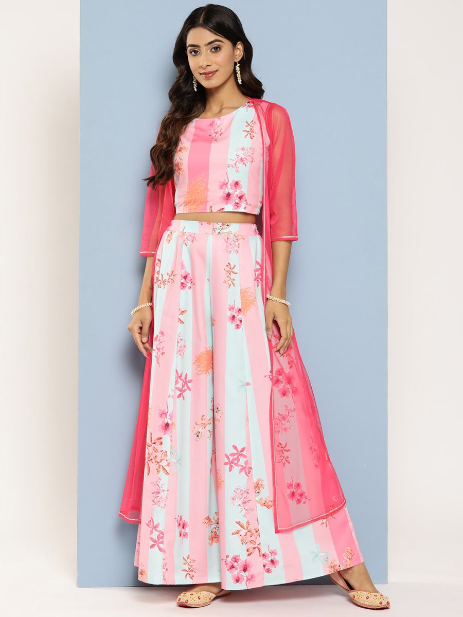 Ahalyaa Women Floral Printed Top with Palazzos & Shrug - Distacart