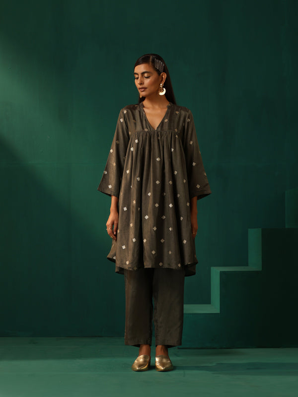 trueBrowns Grey Diamond Viscose Silk Yoke Gathered Co-ord Set - Distacart