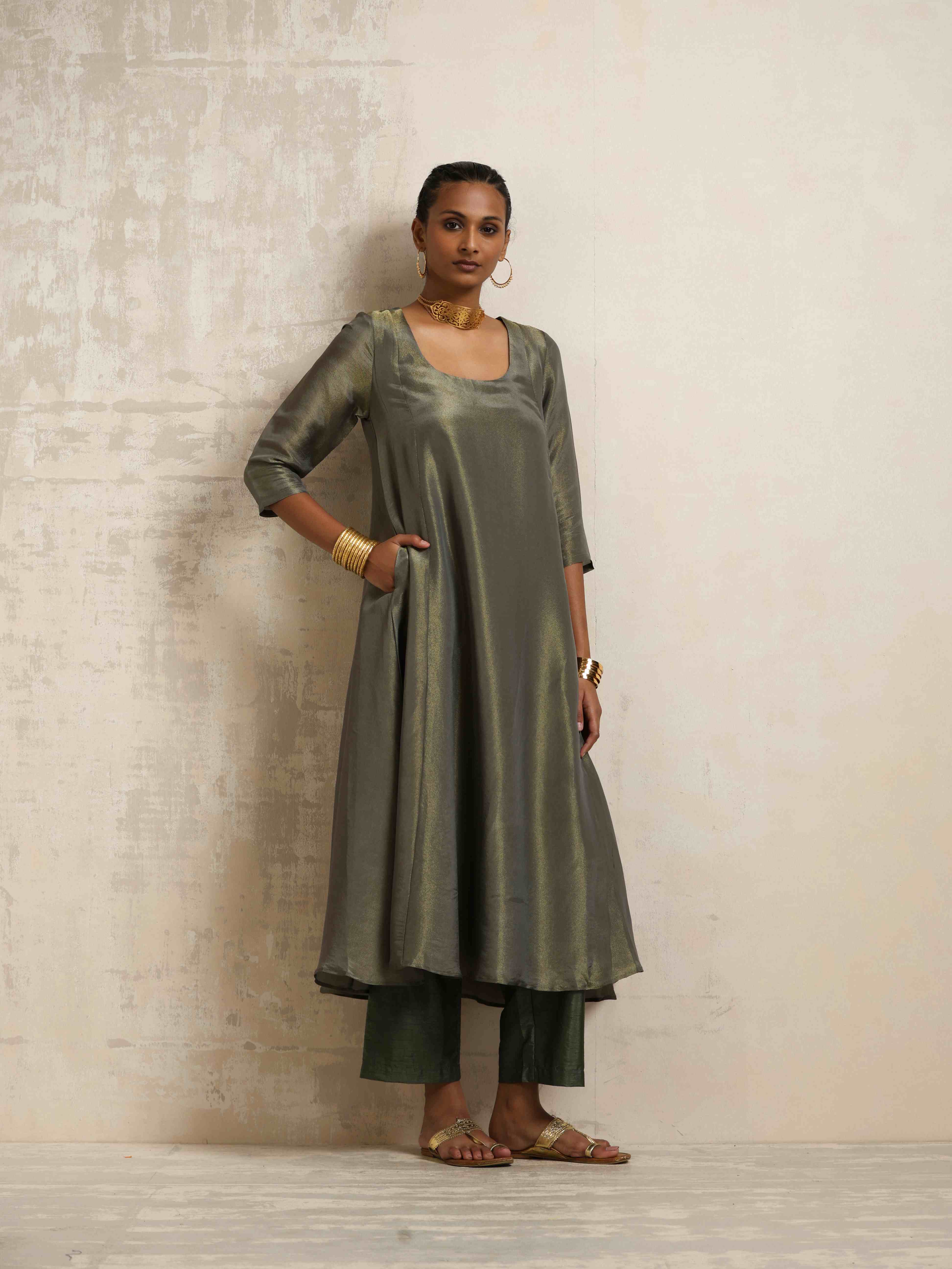 trueBrowns Green Tissue Anarkali Kurta Dupatta Set - Distacart