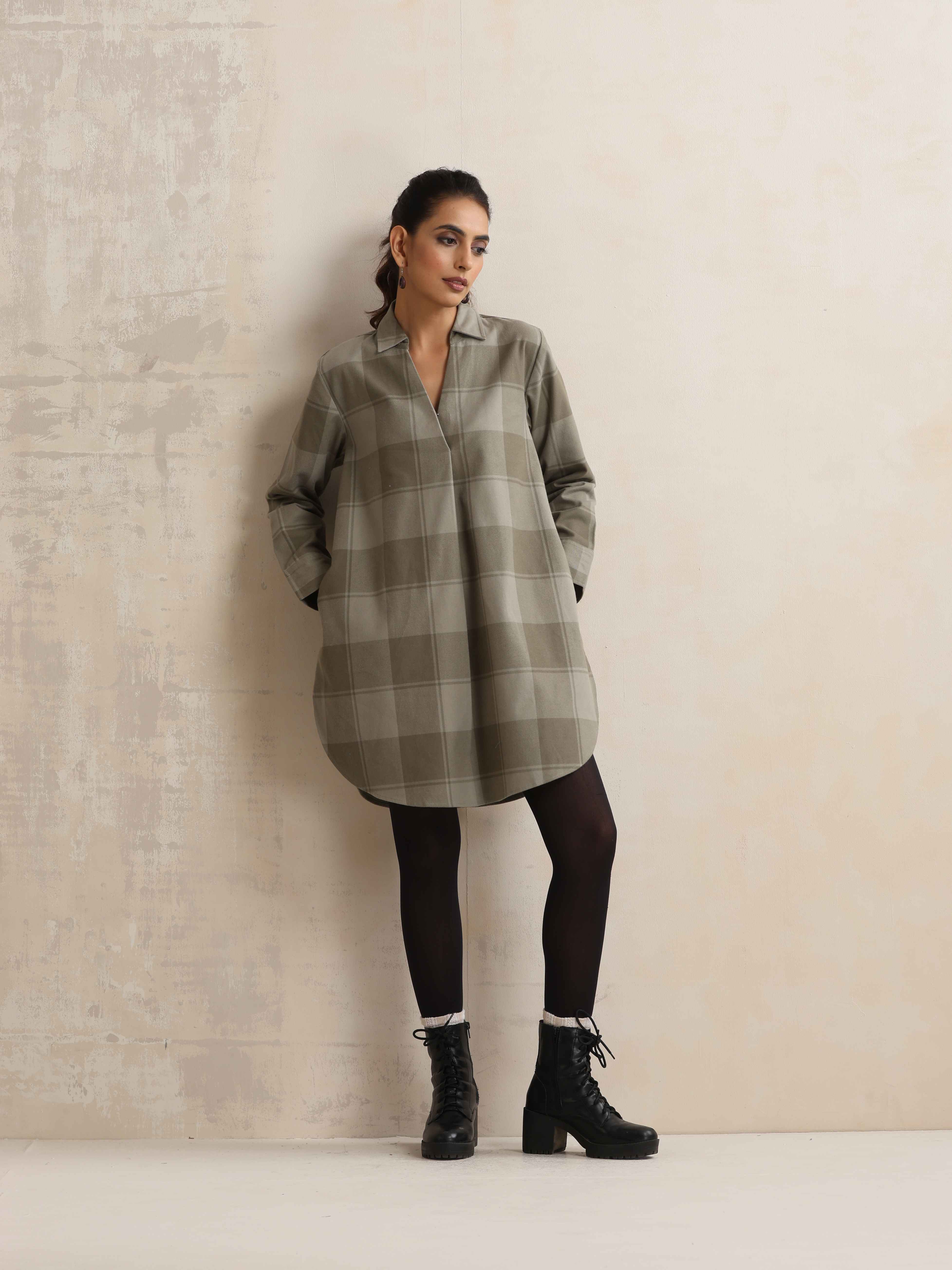 trueBrowns Green Check Pleated Winter Top - Distacart