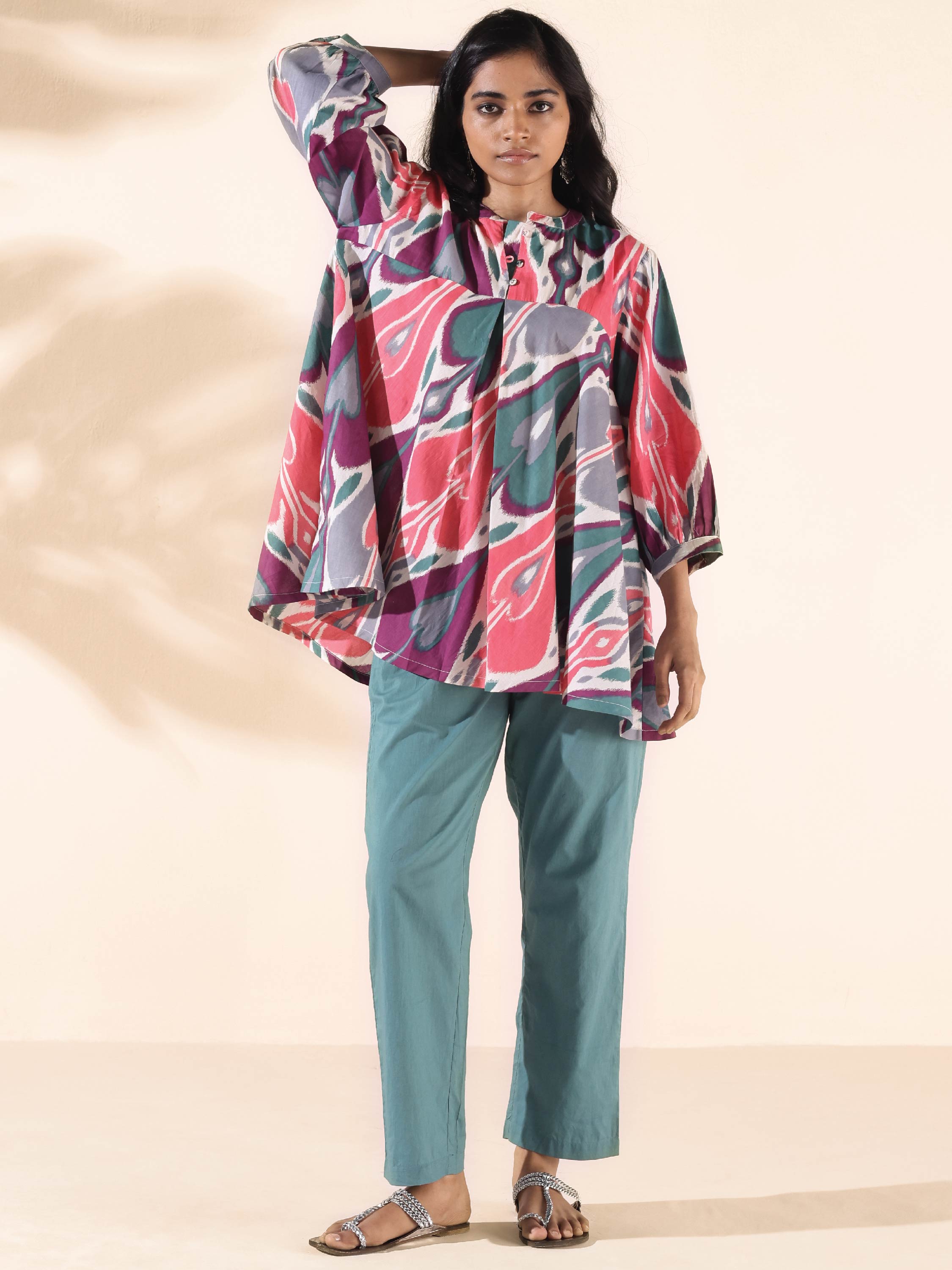 trueBrowns Green Cotton Ikat Flared Co-ord Set - Distacart