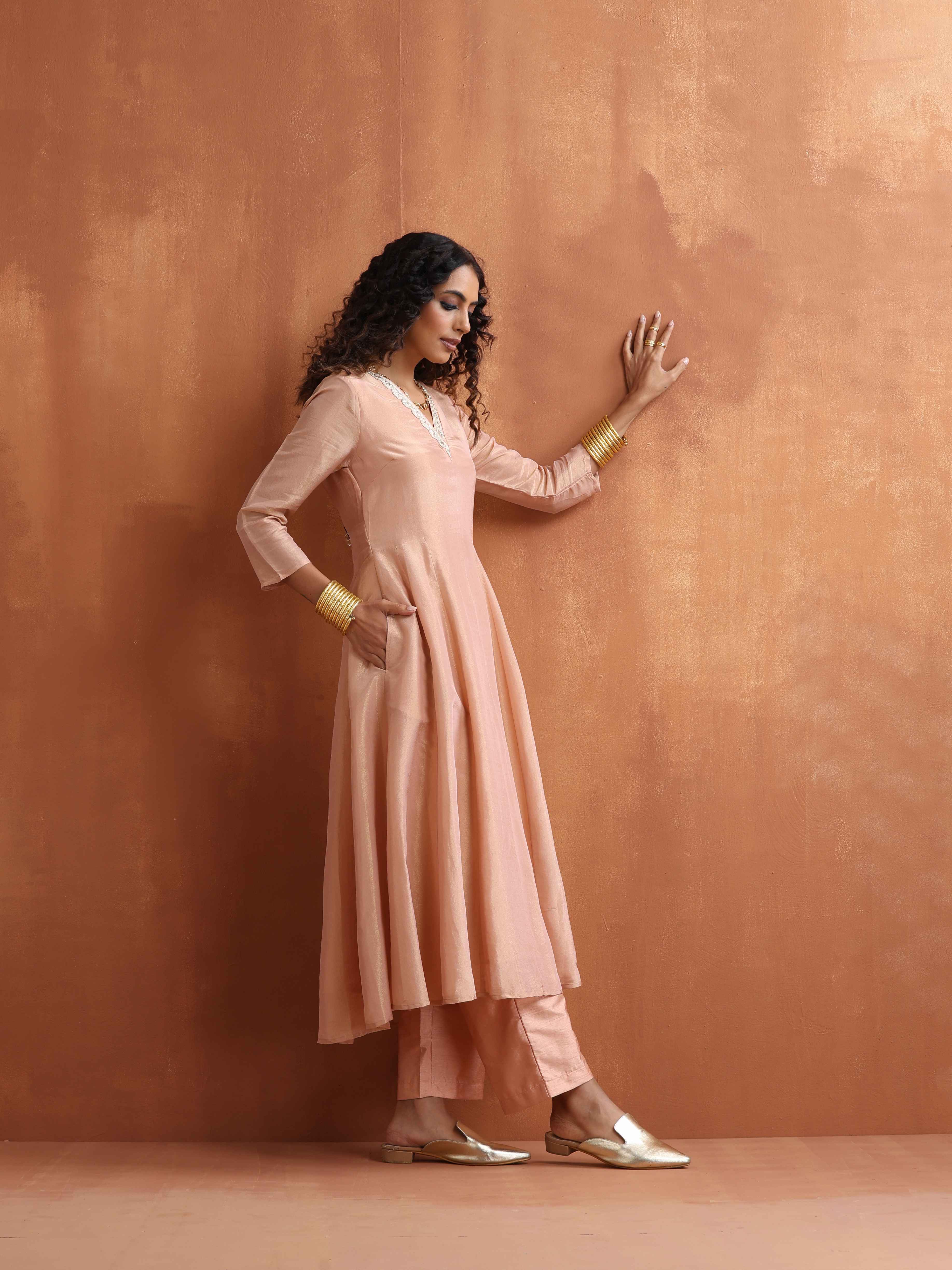 trueBrowns Blush Pink Tissue Flared Anarkali Kurta Set - Distacart