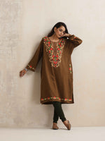 Thumbnail for trueBrowns Brown Kashmiri Embroidered Woollen Phiran Kurta - Distacart