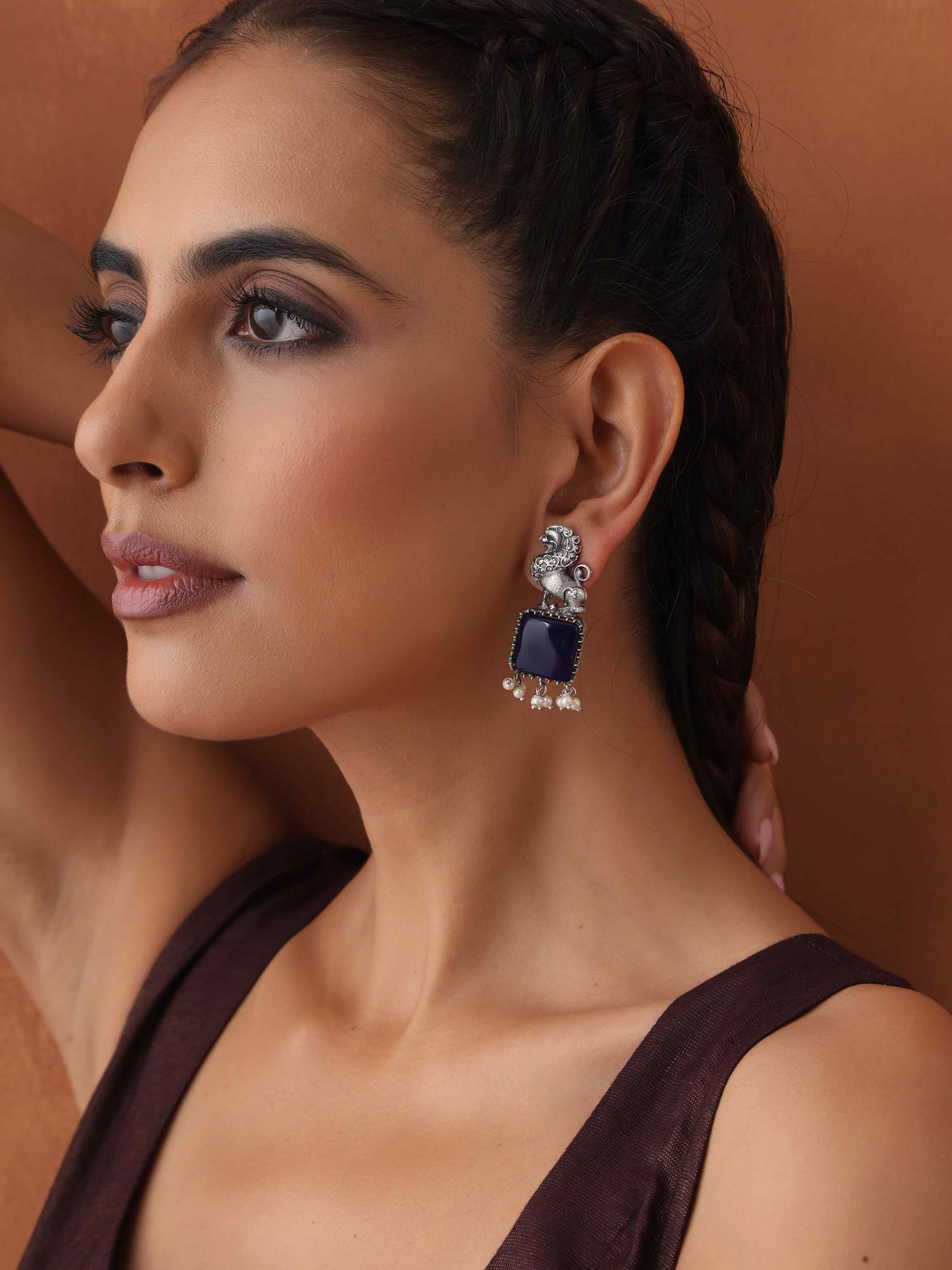 trueBrowns Silver Tone Turquise Stone Earrings - Distacart