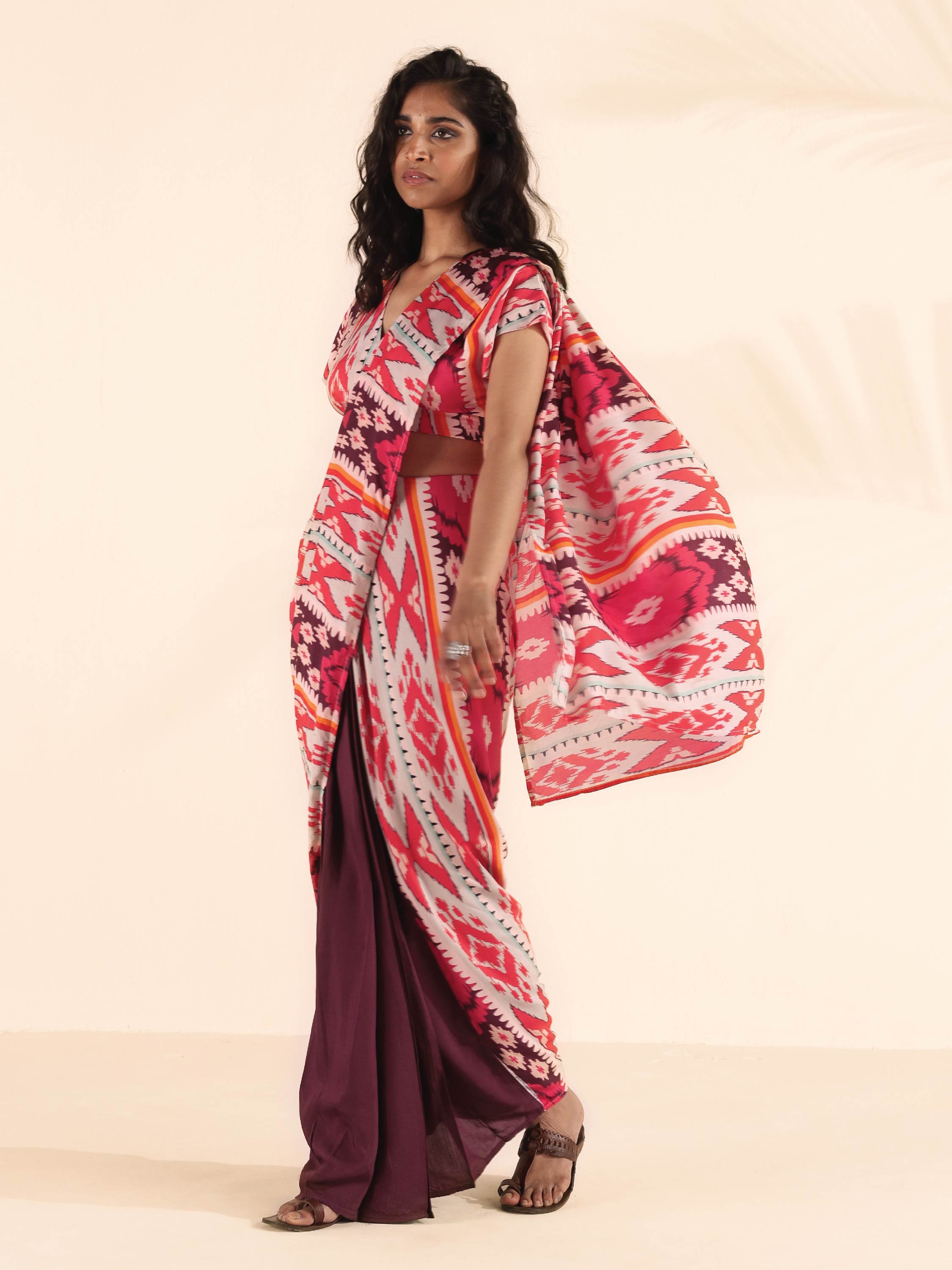 trueBrowns Maroon Muslin Ikat Ready to Wear Saree - Distacart