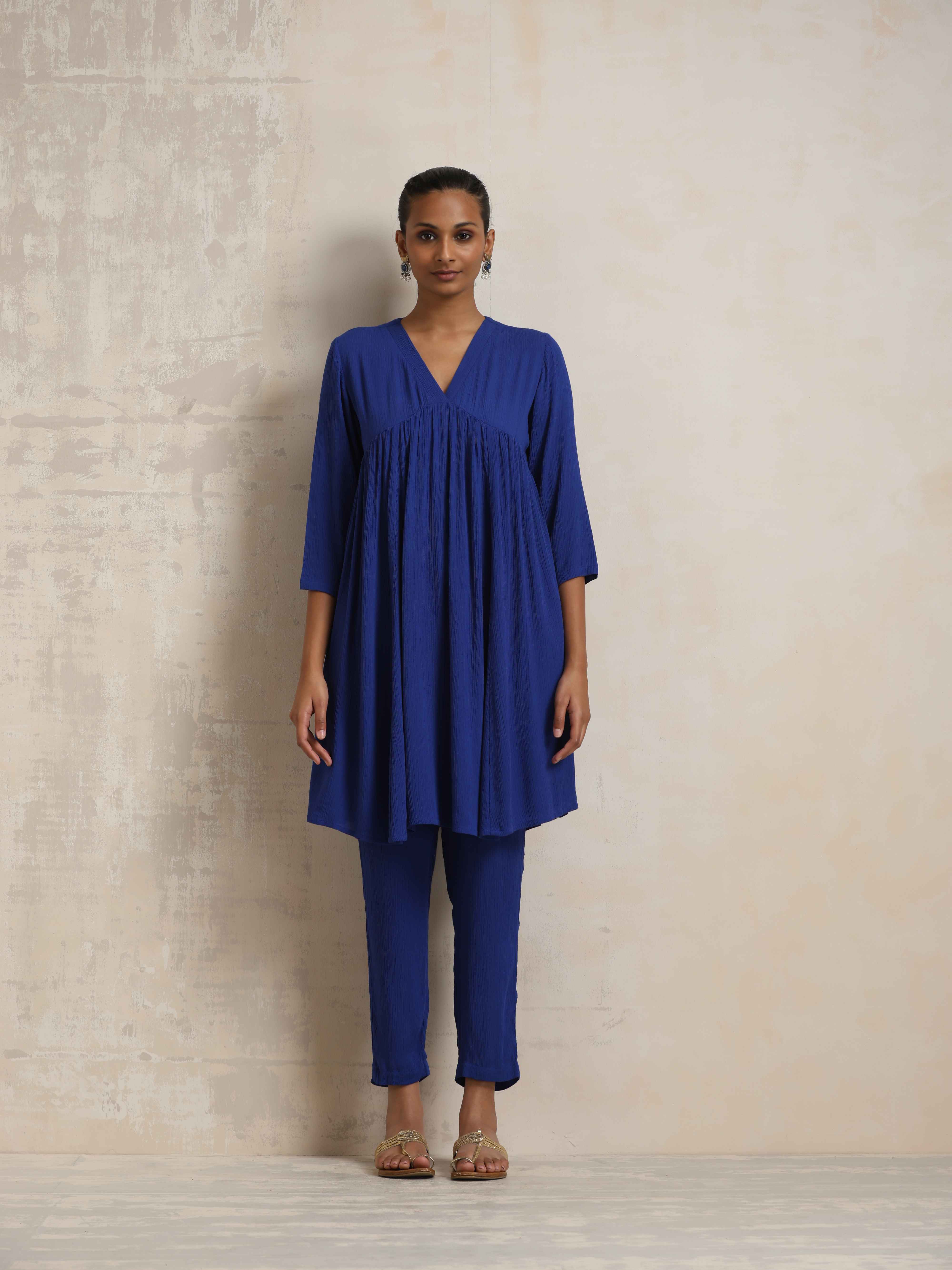 trueBrowns Blue Crinkle Flared Kurta Co-ord Set - Distacart