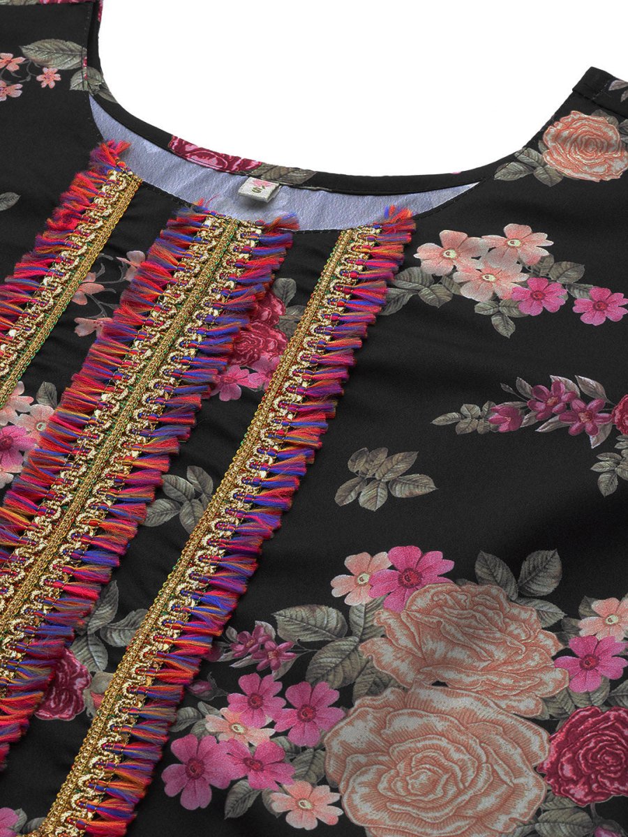 Ahalyaa Women Black Floral Printed Gotta Patti Kurta with Palazzos & With Dupatta - Distacart