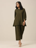 Thumbnail for trueBrowns Olive Green Slub Texture Baggy Sleeve Co-Ord Set - Distacart