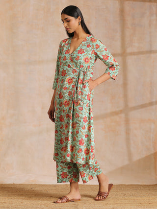 trueBrowns Seafoam Green Overall Floral Block Print Cotton Angrakha Pant Set - Distacart