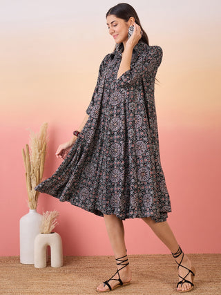 InWeave Black Maroon Ajrakh Foil Collar Flared Dress - Distacart