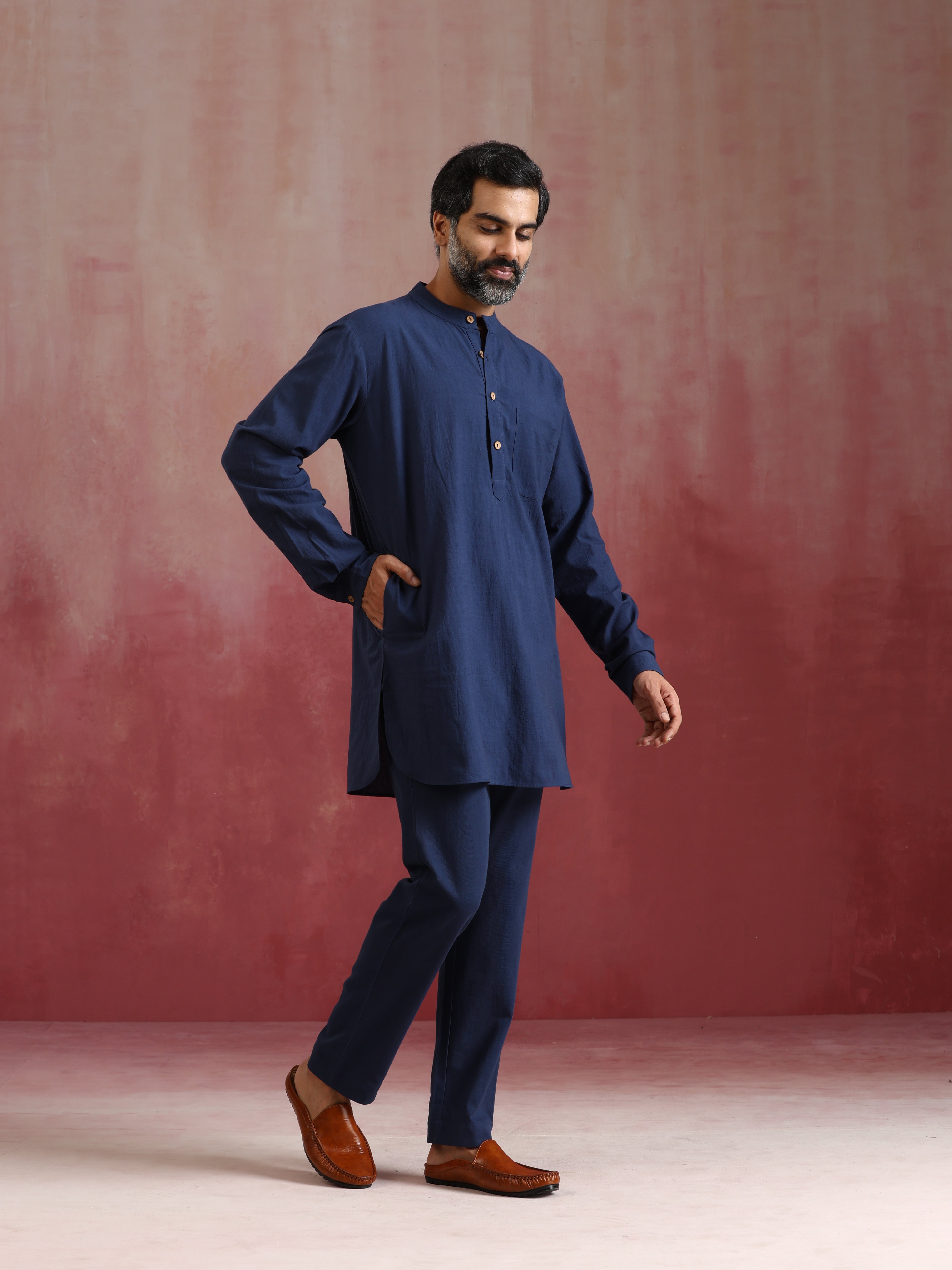 trueBrowns Men's Navy Cotton Mandarin Collar Kurta Co-ord set - Distacart