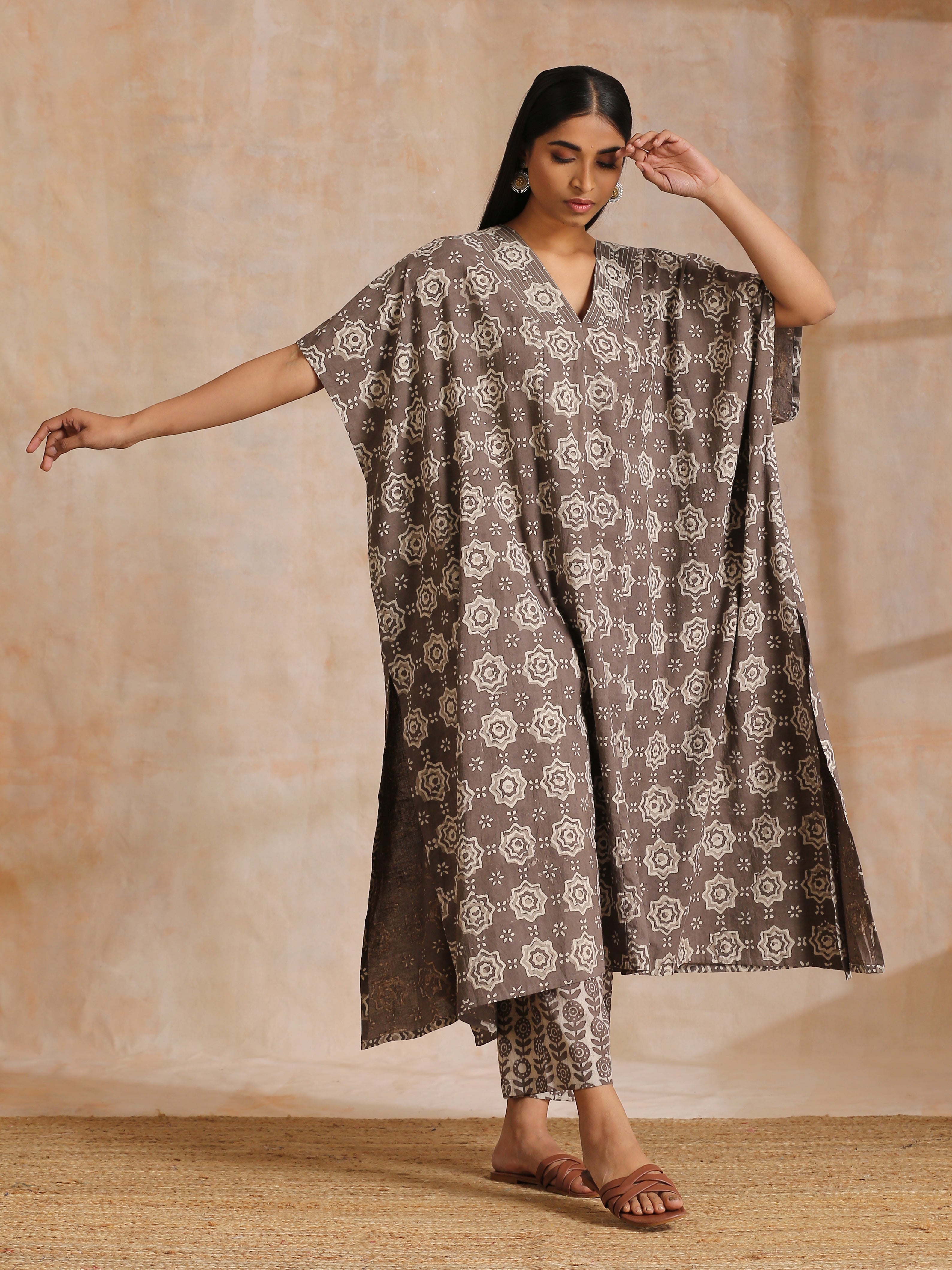 trueBrowns Clay Dabu Overall Print Cotton Panel Kaftan Kurta Pant Set - Distacart