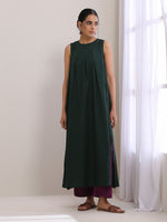 Thumbnail for trueBrowns Dark Green Dobby Sleeveless Kurta Pant Set - Distacart