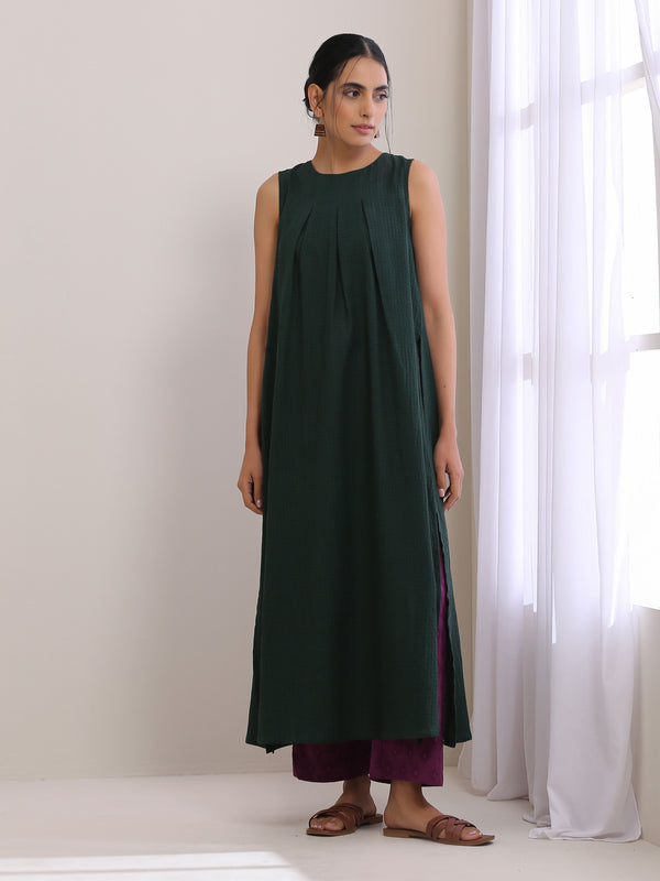 trueBrowns Dark Green Dobby Sleeveless Kurta Pant Set - Distacart