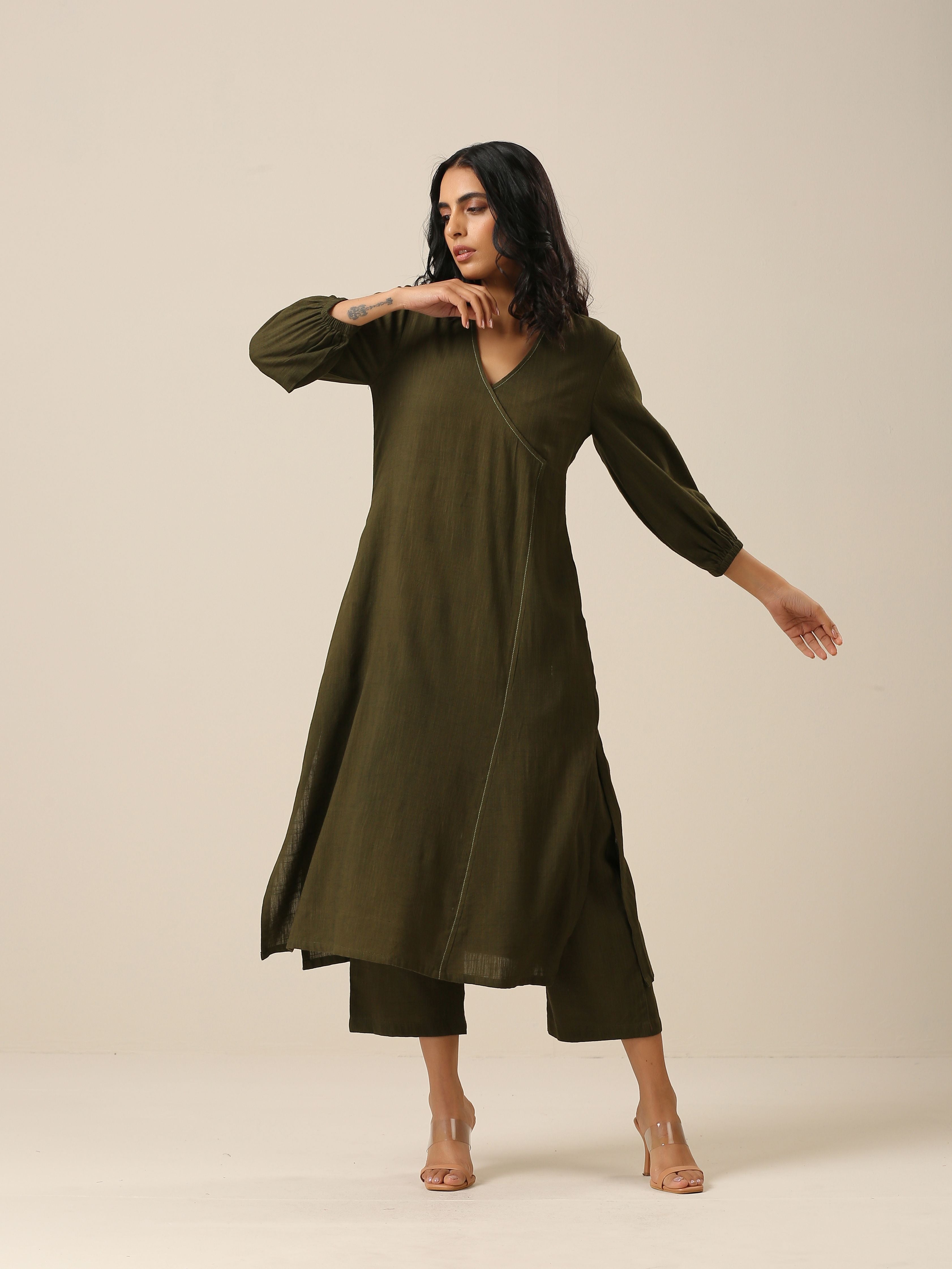 trueBrowns Olive Green Slub Texture Kurta Pant Set - Distacart