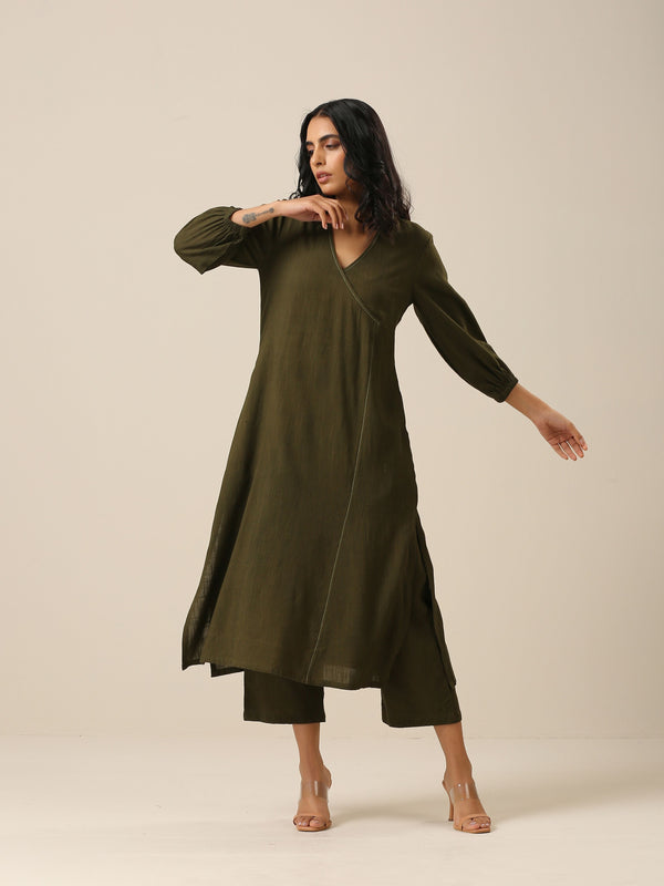 trueBrowns Olive Green Slub Texture Kurta Pant Set - Distacart