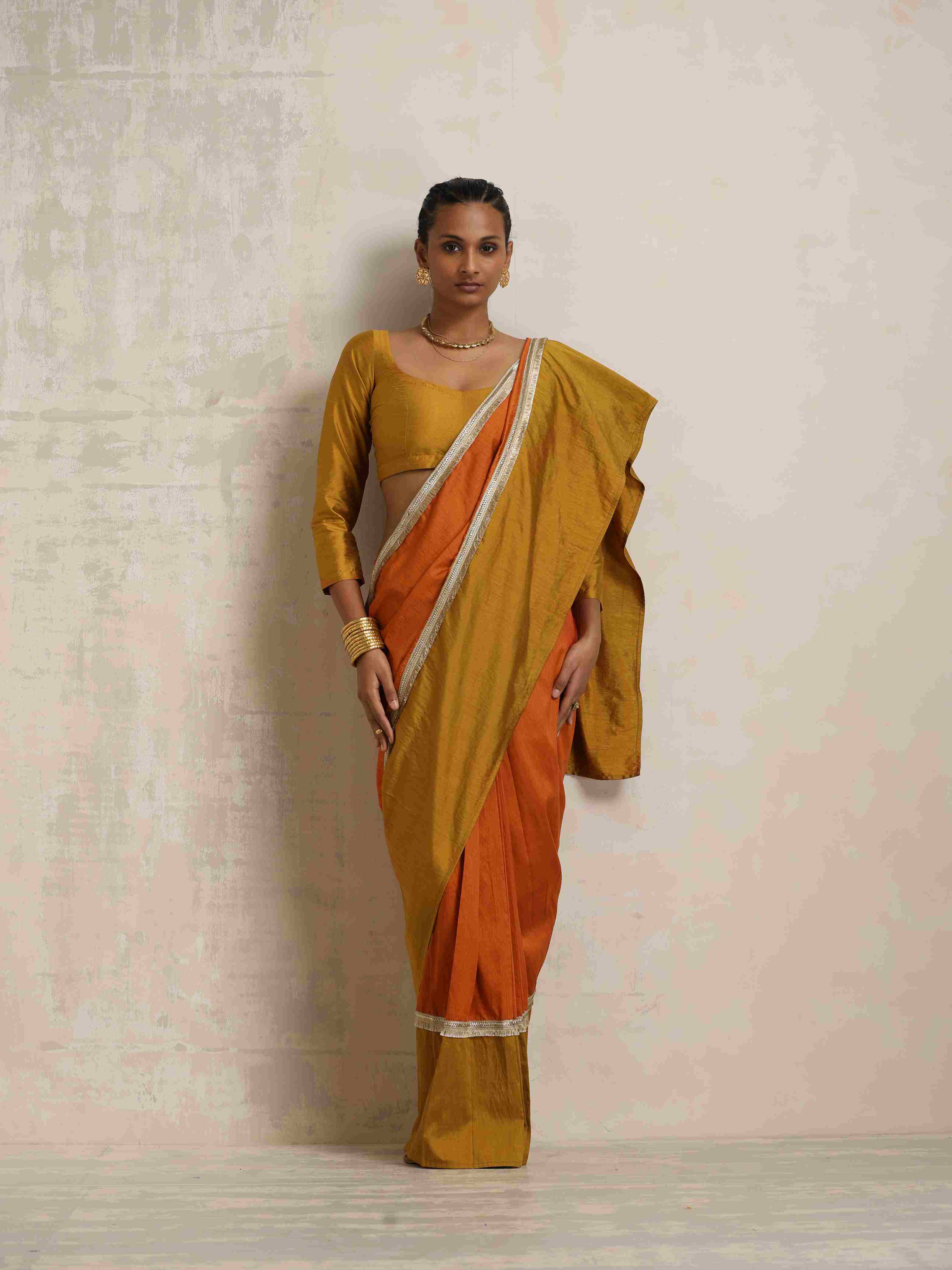 trueBrowns Orange Silk Ready To Wear Saree - Distacart
