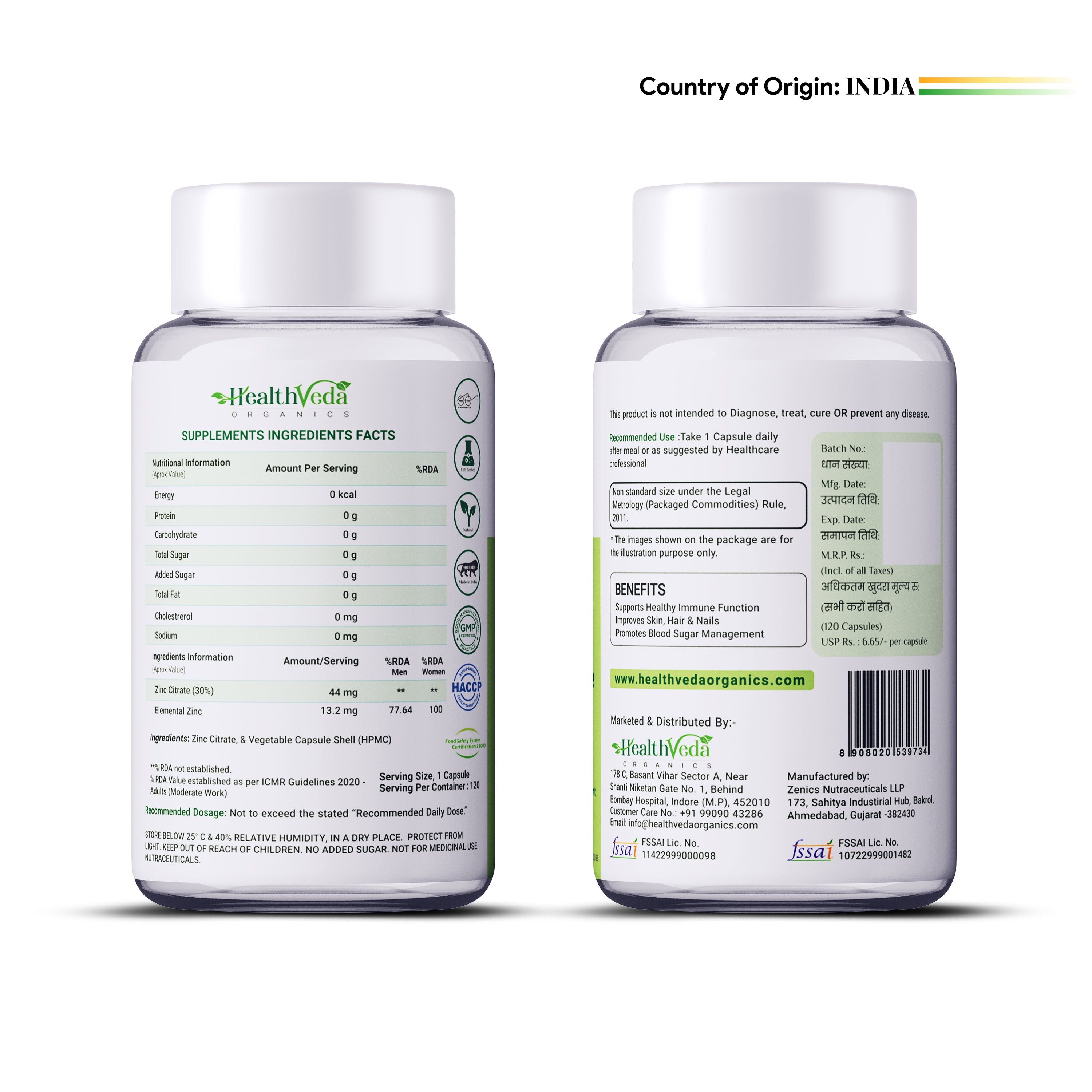 Health Veda Organics Zinc Citrate Veg Capsules - Distacart