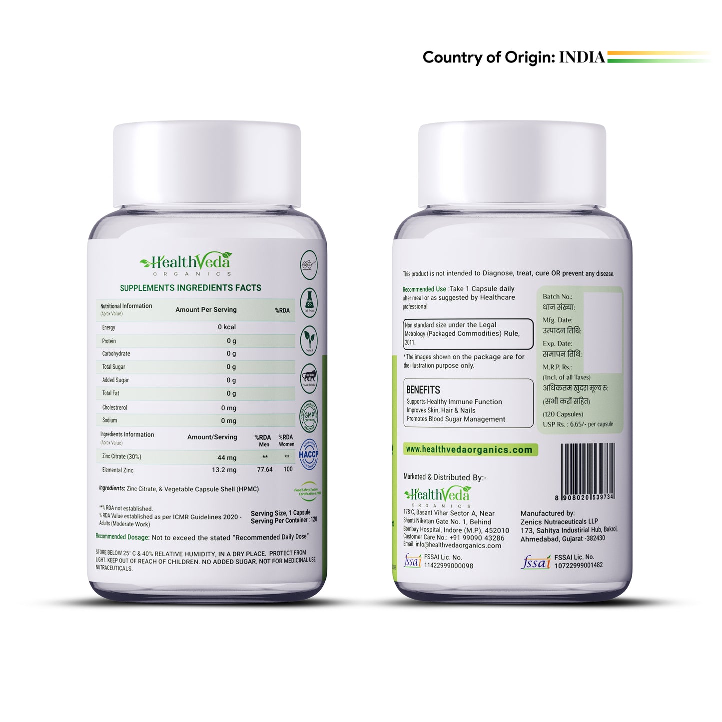 Health Veda Organics Zinc Citrate Veg Capsules - Distacart