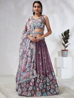 Thumbnail for House of Panchhi Lavender Georgette Sequins And Thread Embroidery Lehenga Choli & Dupatta - Distacart